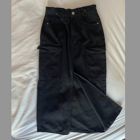 Black Denim Cargo Skirt, Ankle/Calf Length with Front Center Slit, Size XS - Picture 1 of 5